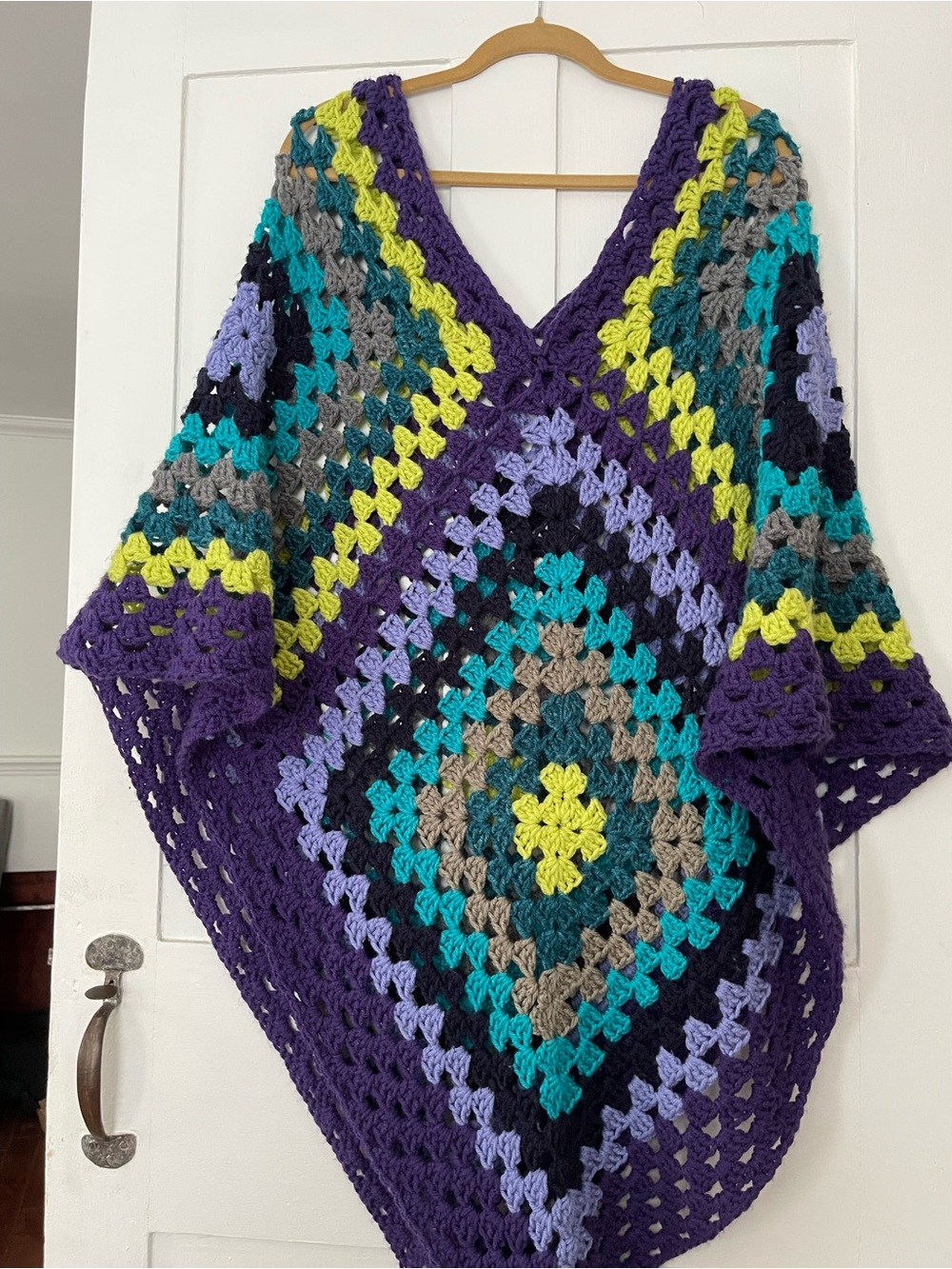Handmade Crochet Granny Square Poncho in Purple & Teal